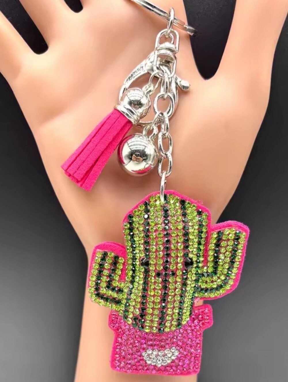 Western Cactus Crystal Rhinestone Keychain Bag Charm With Pink Tassel